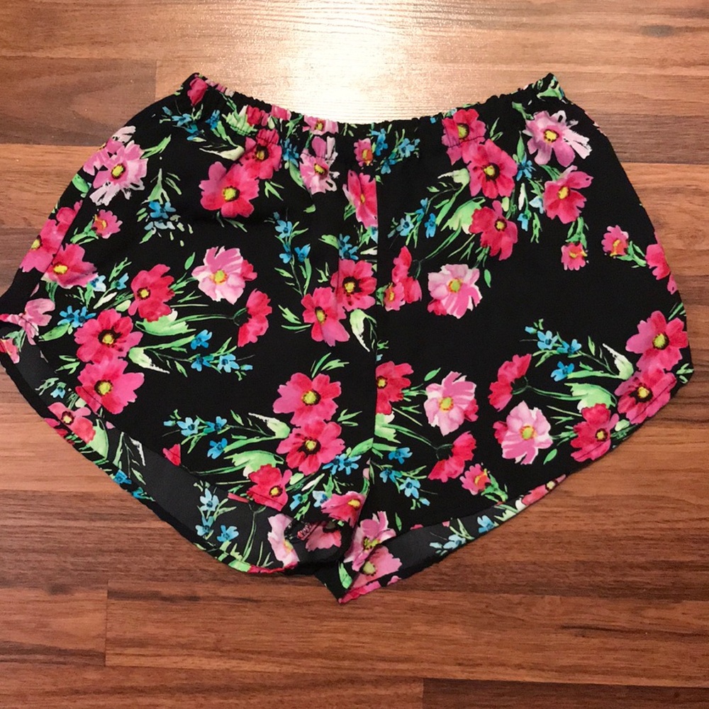 Black with floral detail silky shorts- Worn once!